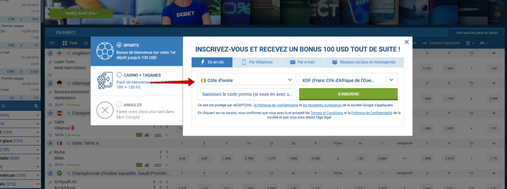 1xBet Inscription en Côte d'Ivoire en 1 clic